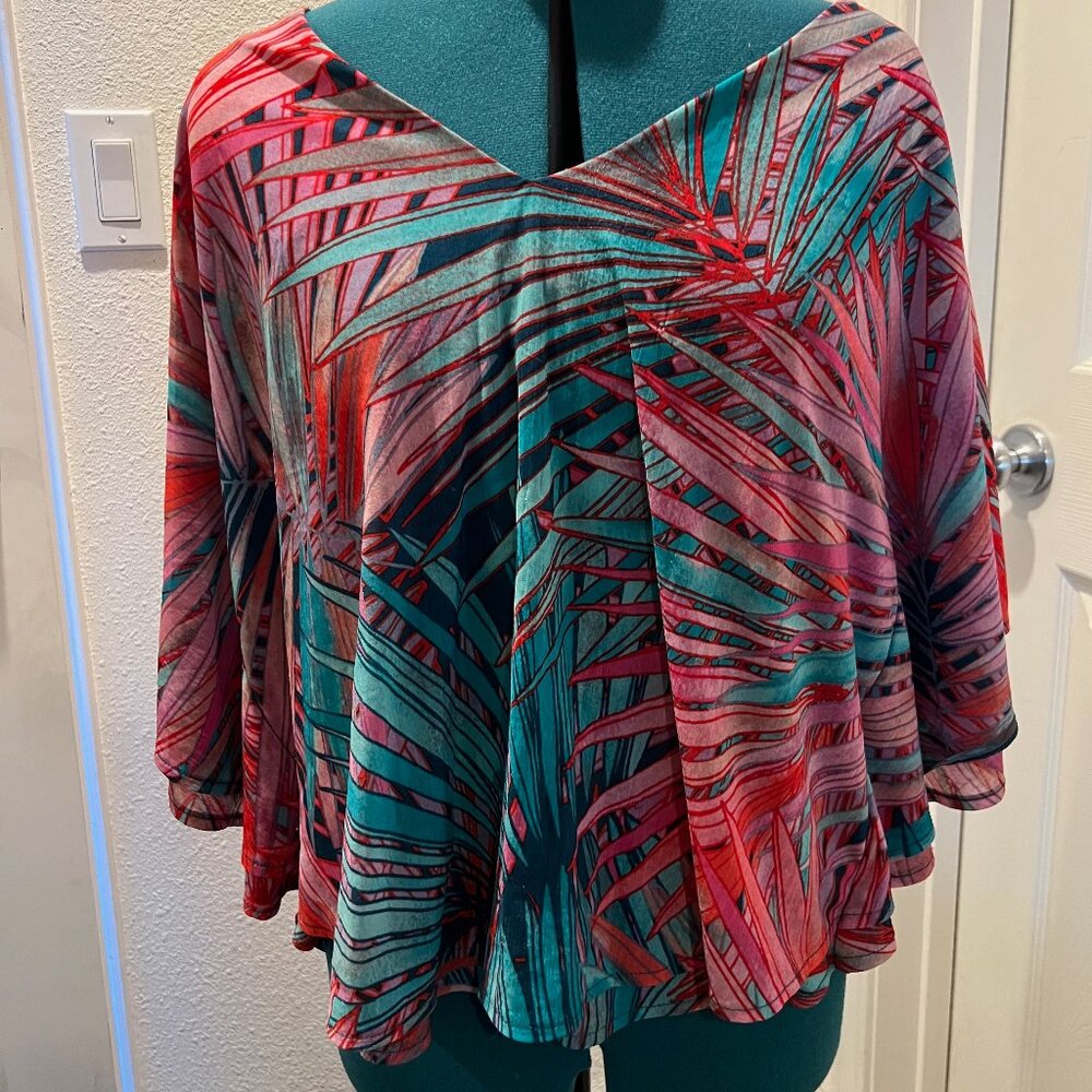 Jennifer Lopez Tropical Palm Print V-Neck Top XL Flowy Boho